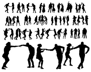 Young people are dancing in a nightclub. Isolated silhouettes on white background