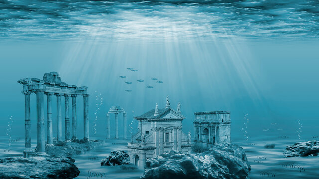 Illustration - Ruins of the Atlantis civilization. Underwater ruins