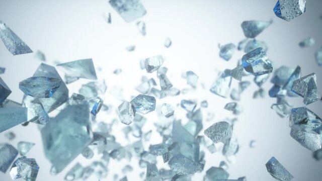 Ice chunks flying up in the air in slow motion. 3d animation