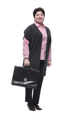 in full growth. adult business woman with a leather briefcase