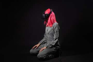 Virtual reality and futurism. Cyber punk concept, a gamer with pink hair.