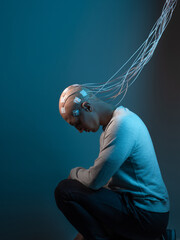 man with electrodes in his head is a futuristic concept of virtual reality and mind control. © Ulia Koltyrina