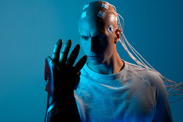 bald man with electrodes in his brain, a man of the future