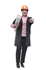 in full growth. female architect with a roll of drawings