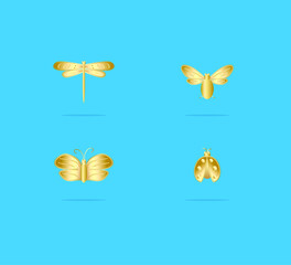 Golden insects set. Art insect illustration on blue background