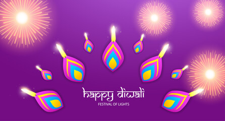 Happy Diwali. Background with the paper graphic of Indian Rangoli and fireworks.