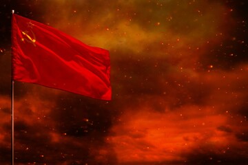 Fluttering Soviet Union (SSSR, USSR) flag mockup with blank space for your text on crimson red sky...