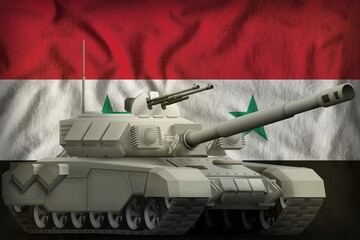 heavy tank on the Syrian Arab Republic national flag background. 3d Illustration