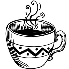 A cup with hot coffee or tea drawing - black and white image. Isolated element. Hand drawn sketch. Digital illustration.