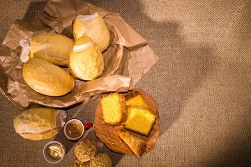 colonial breakfast típic from south of brazil, with many types food,cake,cookie,omelet and fruits...