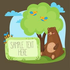 Children's poster with a cute cartoon brown bear sitting under a tree with birds and bees. frame for your text with title, advertisement, announcement. Vector illustration for print and
design.