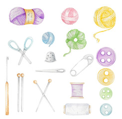 Watercolor set of sewing supplies. Knitting threads, sewing threads, crochet hook, knitting needles, scissors, buttons, thimble, needle, pin.