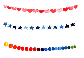 Watercolor set for party flags in the form of hearts stars and circles.Hand drawn illustration isolated on white background.