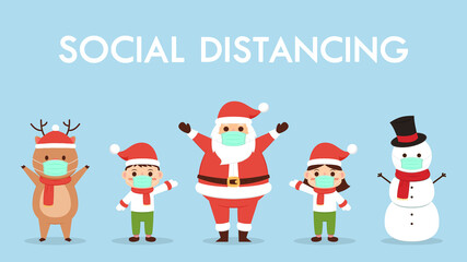 Santa Claus cartoon. Kids wearing Christmas costumes. Social distancing poster. Face mask.