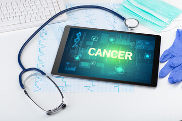 Tablet pc and medical stuff with CANCER inscription, prevention concept
