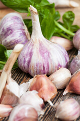 broken garlic and green Basil