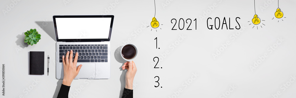 Poster 2021 goals with person using a laptop computer
