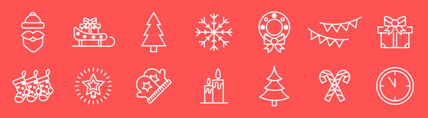 Set of white Christmas icons on a red background. Thin line. Collection of winter icons. Happy New Year.е RGB