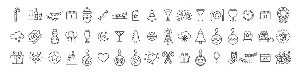 Set of Christmas icons. Thin line. Collection of winter icons. Happy New Year.