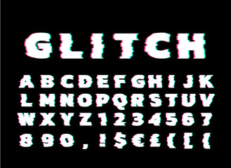 Vector Alphabet font design distorted glitch font. Trendy style lettering typeface. Green and red channels EPS 10