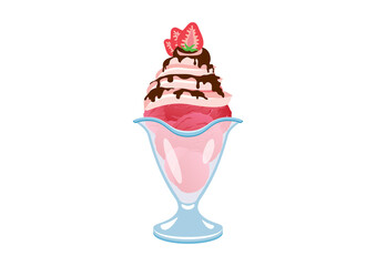 Strawberry ice cream sundae icon vector. Ice cream sundae with whipped cream, chocolate icing and strawberries vector. Sundae icon isolated on a white background. Ice cream in a glass  cup vector