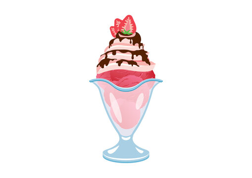 Strawberry ice cream sundae icon vector. Ice cream sundae with whipped cream, chocolate icing and strawberries vector. Sundae icon isolated on a white background. Ice cream in a glass  cup vector