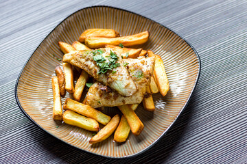 fried zander with homemade potato chips