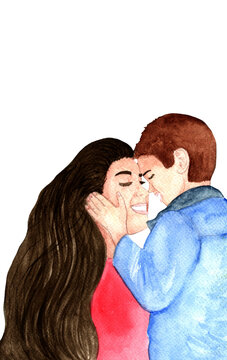 Watercolor hand drawn son pats mom on the cheek isolated on white background.Happy Mothers day.Family illustration.
