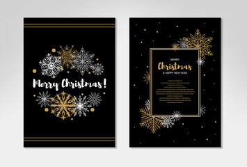 Vertical Merry Christmas and Happy New Year two side greeting card with beautiful golden snowflakes on black background. Design for social media, massages, announcements. Space for text