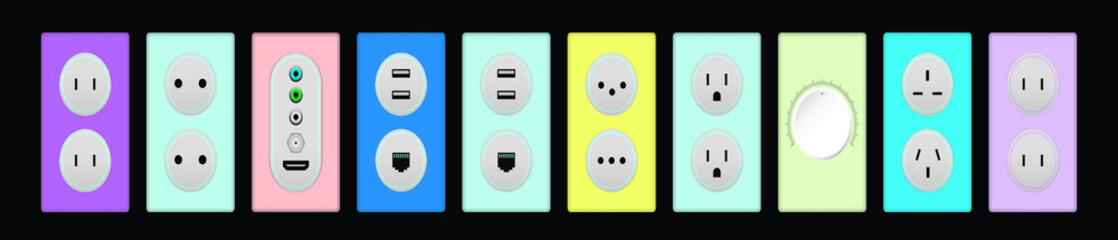 set of socket. modern cartoon icon design template with various models vector illustration isolated on black background