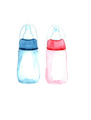 Watercolor set of bottle for boy and girl isolated on white background.