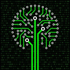 Fototapeta premium Circuit Board Tree. Circuit board tree on a digital binary code background. Vector illustration.