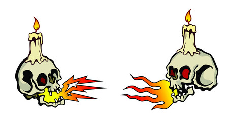 Human skulls with candles and fire in old school tattoo style, vector drawing