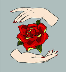 Female hands holding a rose, old school tattoo style, vector graphics