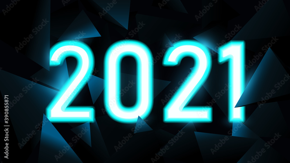 Poster happy new year. 2021 text in neon light with triangles technology hi-tech futuristic digital backgro