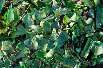 Shards of crushed emerald green glass bottles on black lava rock and soil, glistening in the sun,...