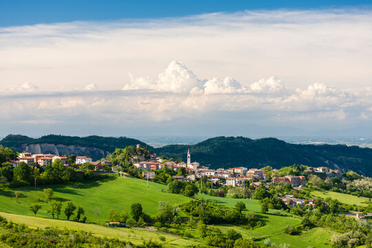 landscape with village Vernasca, Italy