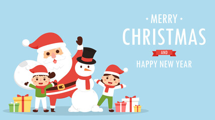 Merry Christmas and happy new year greeting poster. Holiday cartoon character. Santa Claus and Kid character design.