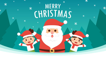 Merry Christmas and happy new year greeting poster. Holiday cartoon character. Santa Claus and Kid character design.