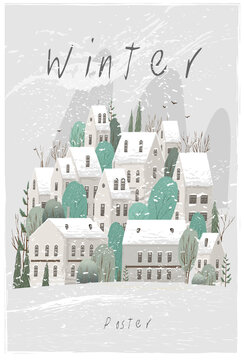 Vector illustration. Winter landscape and small European town. Background image, postcard, poster.