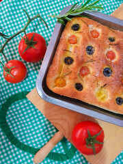Italian Focaccia Bread (with cherry tomatoes, black olives, olive oil and rosemary)