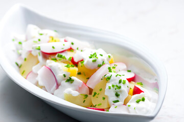 spring potato radish salad with garlic dip