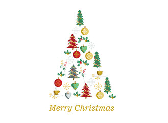 Christmas tree, gifts and toys, wreath, vector illustration of Christmas card