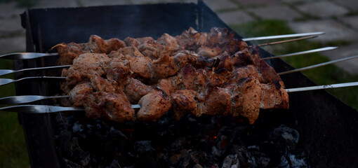 Juicy marinated meat kebab grilled on smoky coals outdoors