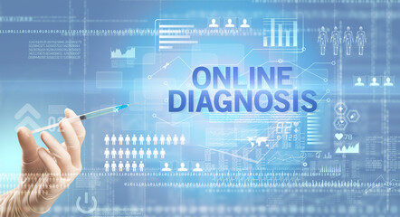 Close-up view of doctor's hand in a white glove holding syringe with ONLINE DIAGNOSIS inscription, healthcare and medical concept