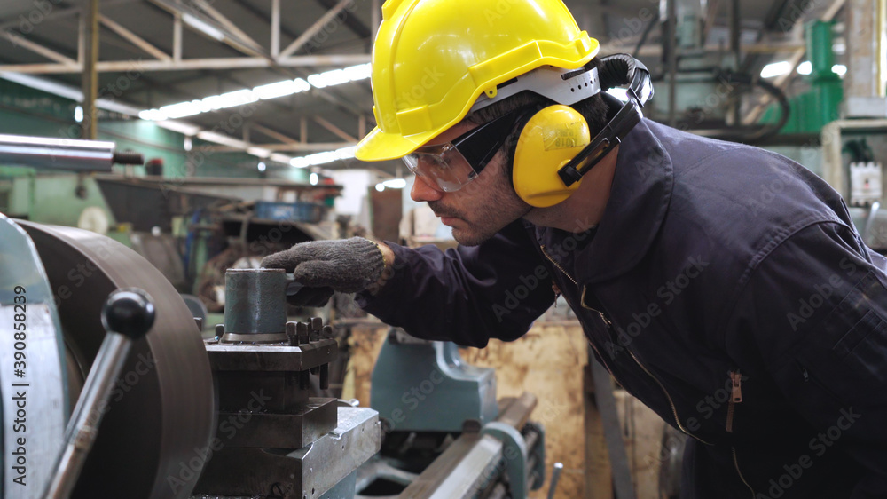 Poster smart factory worker using machine in factory workshop . industry and engineering concept.