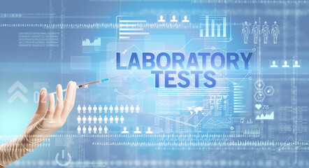 Close-up view of doctor's hand in a white glove holding syringe with LABORATORY TESTS inscription, healthcare and medical concept