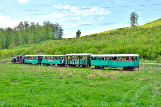 SOVATA, ROMANIA - Sep 19, 2019: The narrow gauge train with tourists from Sovata resort - Romania