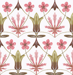 Watercolor pattern - a grid of fabulous flowers. For Wallpaper, packaging, bed linen, textiles, curtains.
