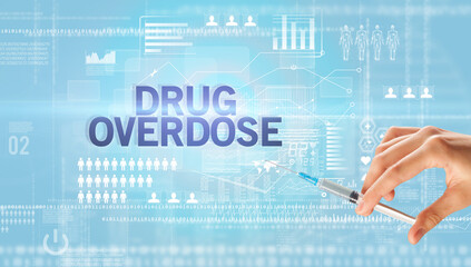 Close-up view of doctor's hand in a white glove holding syringe with DRUG OVERDOSE inscription, healthcare and medical concept